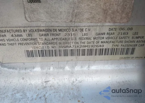 2008 Volkswagen Jetta Wolfsburg Edition from USA, damaged, VIN 3VWRA71K28M192640